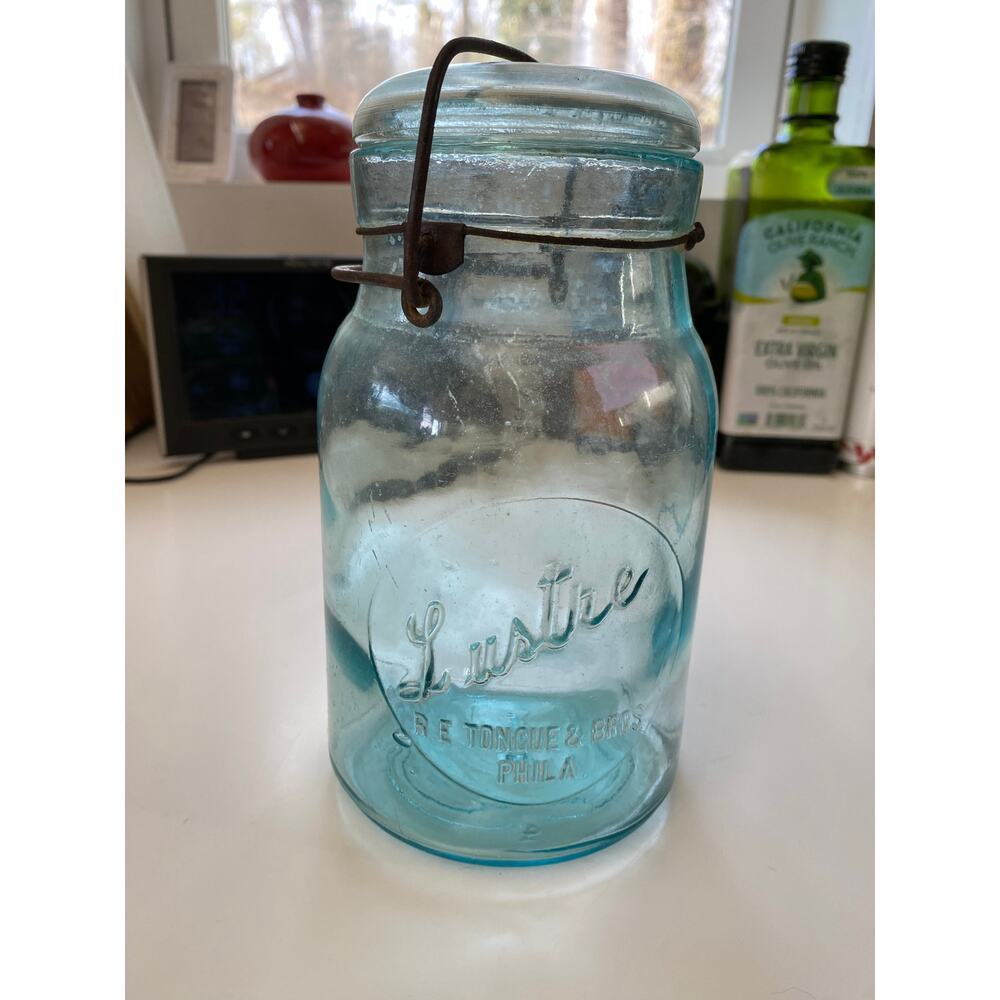 Lustre R.E. Tongue & Bros.‎ Philaelphia Blue 1 Qt. Wire Bail Canning Jar w Lid
